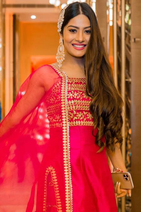 Shop_Gopi Vaid_Pink Organza, Tussar Square Neck Embroidered Sharara Set_Online_at_Aza_Fashions