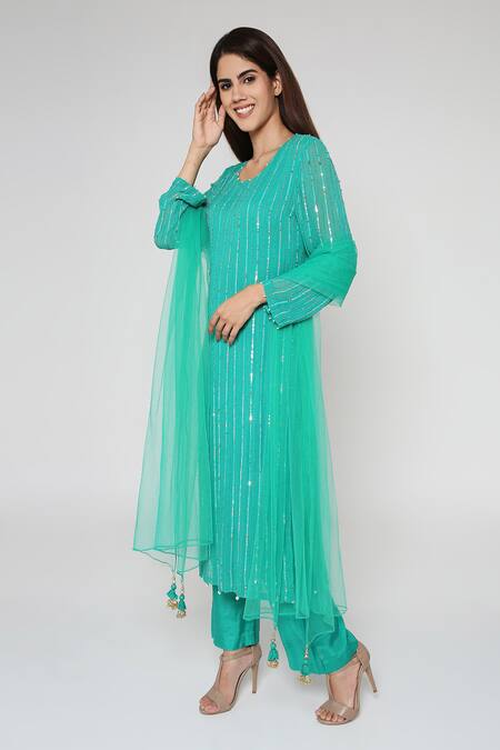 Bha Sha Green Georgette, Net Sequins, Beads Kriti Embroidered Kurta Straight Pant Set Online at Aza Fashions Bha Sha_Green Georgette, Net Sequins, Beads Kriti Embroidered Kurta Straight Pant Set _Online_at_Aza_Fashions