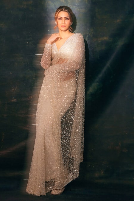 Buy_Seema Gujral_White Net Round Embellished Saree With Blouse_Online_at_Aza_Fashions