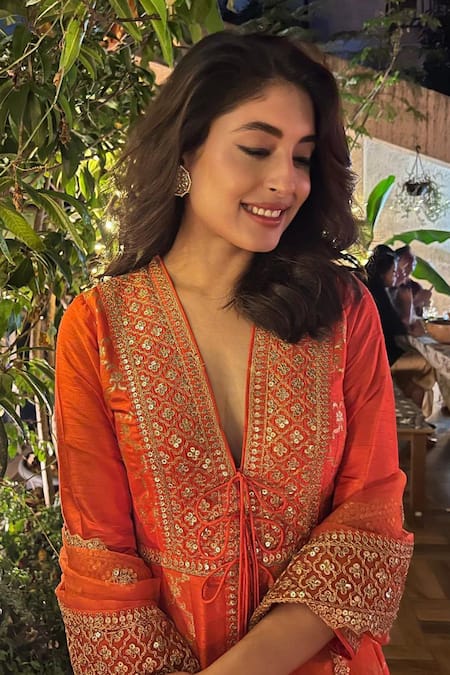 Shop Gopi Vaid Orange Anarkali Silk Brocade, Tussar Silk Churidar Embroidered Kurta Set Online at Aza Fashions Shop_Gopi Vaid_Orange Anarkali Silk Brocade, Tussar Silk Churidar Embroidered Kurta Set _Online_at_Aza_Fashions