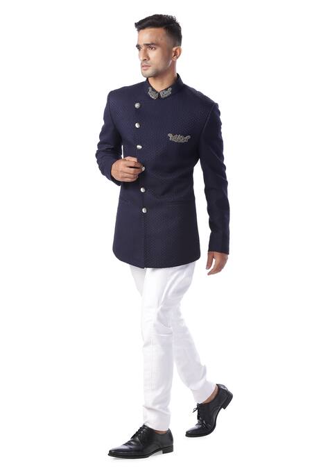 Buy Kommal Sood Blue Cupro Overlap Bandhgala And Pant Set Online at Aza Fashions Buy_Kommal Sood_Blue Cupro Overlap Bandhgala And Pant Set _Online_at_Aza_Fashions