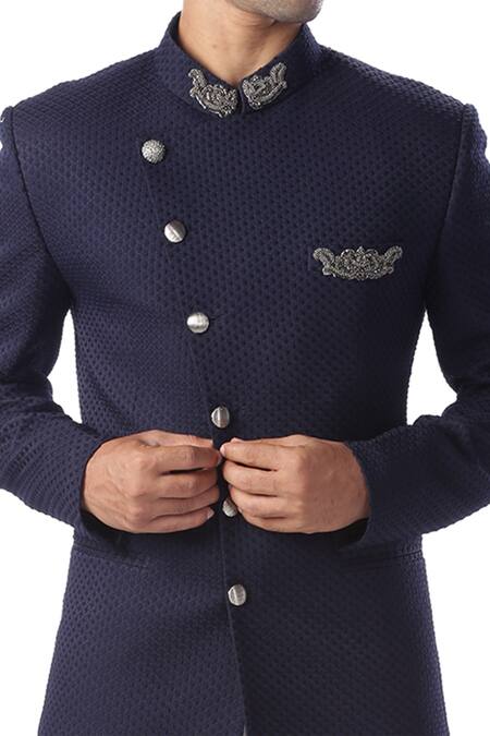 Kommal Sood Blue Cupro Overlap Bandhgala And Pant Set at Aza Fashions Kommal Sood_Blue Cupro Overlap Bandhgala And Pant Set _at_Aza_Fashions