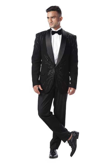 Kommal Sood Black Textured High Spun Cupro Embroidered Tuxedo And Pant Set  