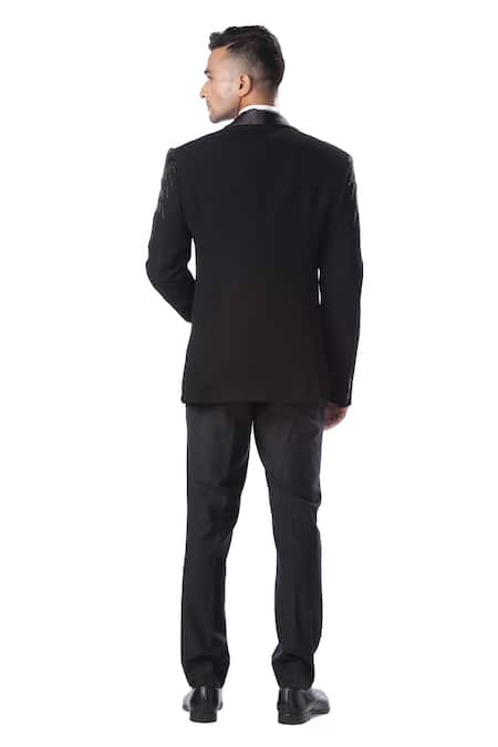 Shop Kommal Sood Black Textured High Spun Cupro Embroidered Tuxedo And Pant Set at Aza Fashions Shop_Kommal Sood_Black Textured High Spun Cupro Embroidered Tuxedo And Pant Set _at_Aza_Fashions