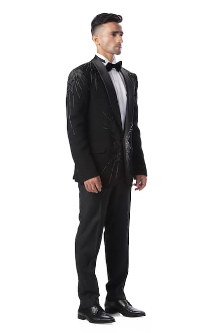 Kommal Sood Black Textured High Spun Cupro Embroidered Tuxedo And Pant Set Online at Aza Fashions Kommal Sood_Black Textured High Spun Cupro Embroidered Tuxedo And Pant Set _Online_at_Aza_Fashions