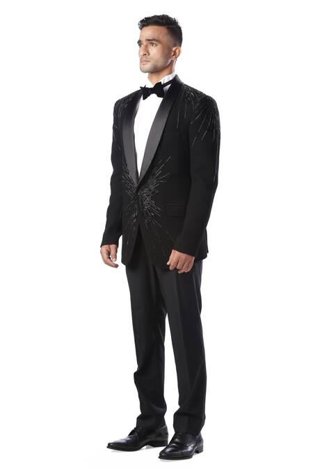 Buy Kommal Sood Black Textured High Spun Cupro Embroidered Tuxedo And Pant Set Online at Aza Fashions Buy_Kommal Sood_Black Textured High Spun Cupro Embroidered Tuxedo And Pant Set _Online_at_Aza_Fashions