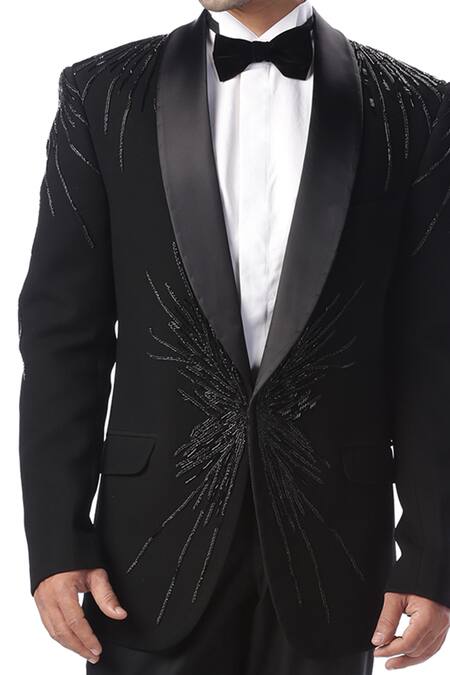 Shop Kommal Sood Black Textured High Spun Cupro Embroidered Tuxedo And Pant Set Online at Aza Fashions Shop_Kommal Sood_Black Textured High Spun Cupro Embroidered Tuxedo And Pant Set _Online_at_Aza_Fashions