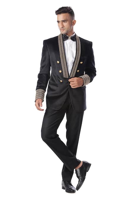 Kommal Sood Black High Spun Cupro Embroidered Tuxedo And Pant Set  