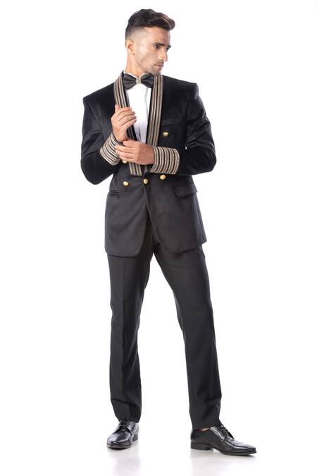 Shop_Kommal Sood_Black High Spun Cupro Embroidered Tuxedo And Pant Set  _Online_at_Aza_Fashions