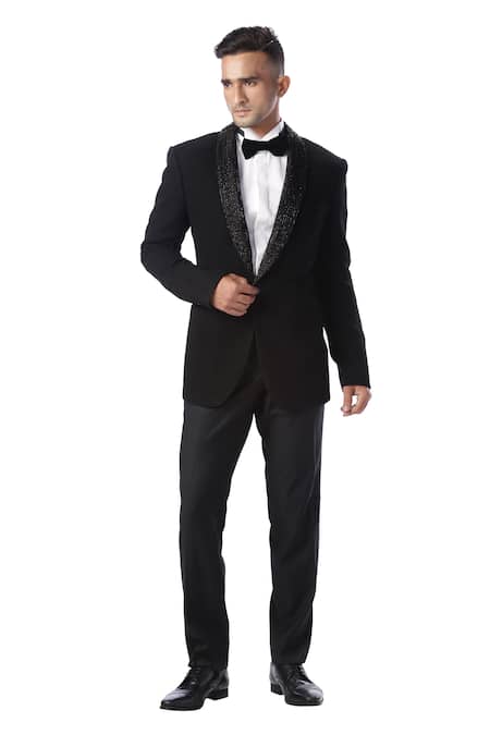 Kommal Sood Black High Spun Cupro Embroidered Tuxedo And Pant Set  