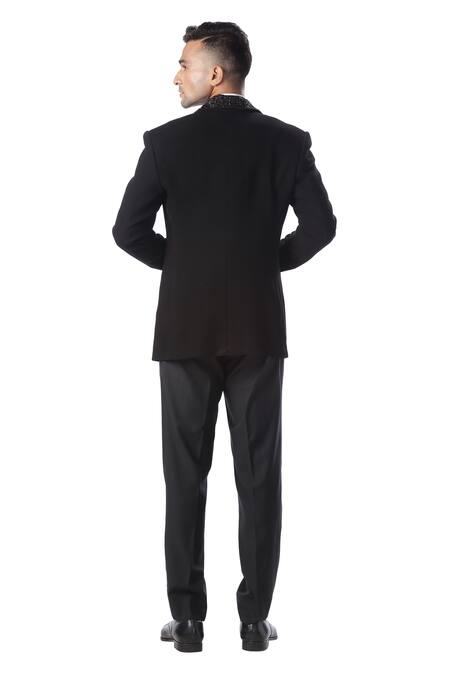 Shop Kommal Sood Black High Spun Cupro Embroidered Tuxedo And Pant Set at Aza Fashions Shop_Kommal Sood_Black High Spun Cupro Embroidered Tuxedo And Pant Set _at_Aza_Fashions