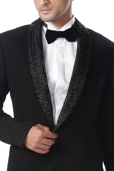 Shop Kommal Sood Black High Spun Cupro Embroidered Tuxedo And Pant Set Online at Aza Fashions Shop_Kommal Sood_Black High Spun Cupro Embroidered Tuxedo And Pant Set _Online_at_Aza_Fashions