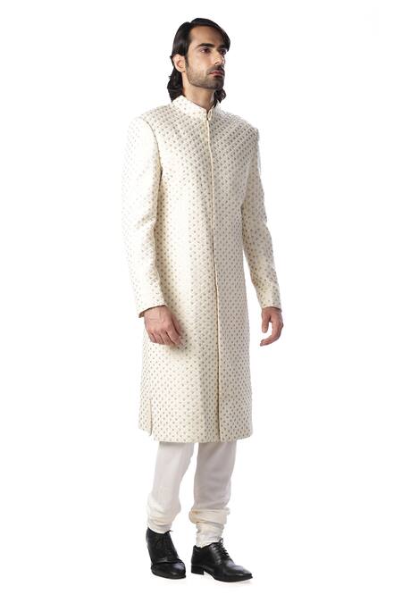 Kommal Sood_White Dupion , Cotton Embroidered Sherwani And Kurta Set_Online_at_Aza_Fashions