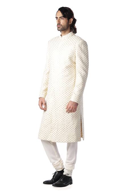 Buy_Kommal Sood_White Dupion , Cotton Embroidered Sherwani And Kurta Set_Online_at_Aza_Fashions