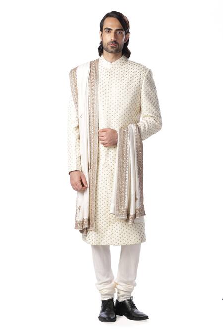 Kommal Sood White Dupion , Cotton Embroidered Sherwani And Kurta Set