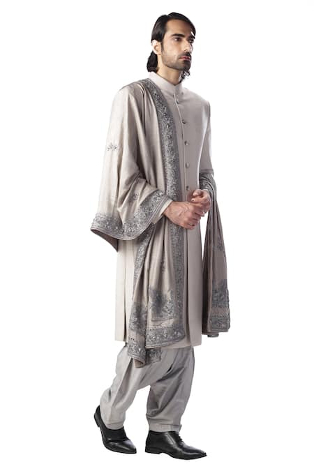 Kommal Sood_Grey Cotton Silk Front Button Down Sherwani Set  _Online_at_Aza_Fashions