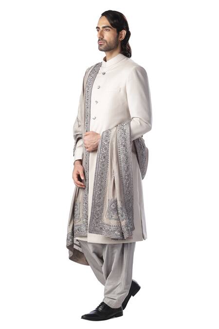 Buy_Kommal Sood_Grey Cotton Silk Front Button Down Sherwani Set  _Online_at_Aza_Fashions