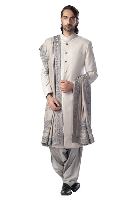 Shop_Kommal Sood_Grey Cotton Silk Front Button Down Sherwani Set  _Online_at_Aza_Fashions