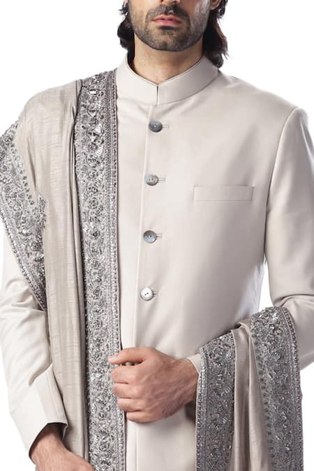 Kommal Sood_Grey Cotton Silk Front Button Down Sherwani Set  _at_Aza_Fashions