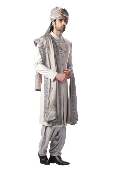 Kommal Sood_Grey Cotton Silk Straight Sherwani And Patiala Set  _Online_at_Aza_Fashions