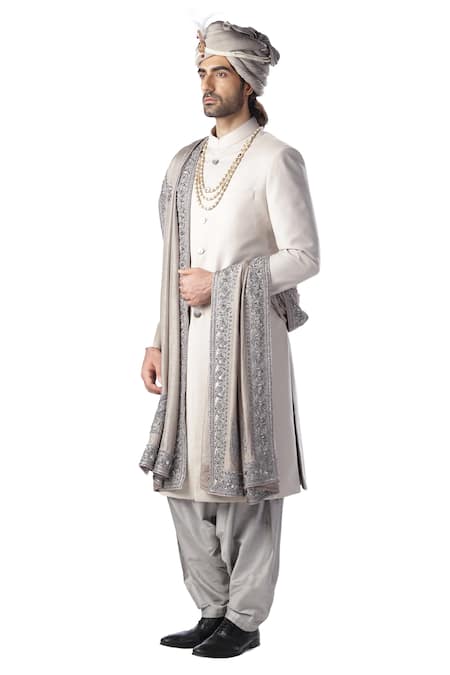 Buy_Kommal Sood_Grey Cotton Silk Straight Sherwani And Patiala Set  _Online_at_Aza_Fashions