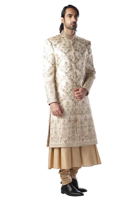 Kommal Sood_Beige Dupion , Cotton Embroidered Sherwani And Kurta Set_Online_at_Aza_Fashions
