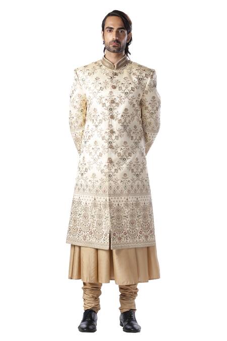 Shop_Kommal Sood_Beige Dupion , Cotton Embroidered Sherwani And Kurta Set_Online_at_Aza_Fashions