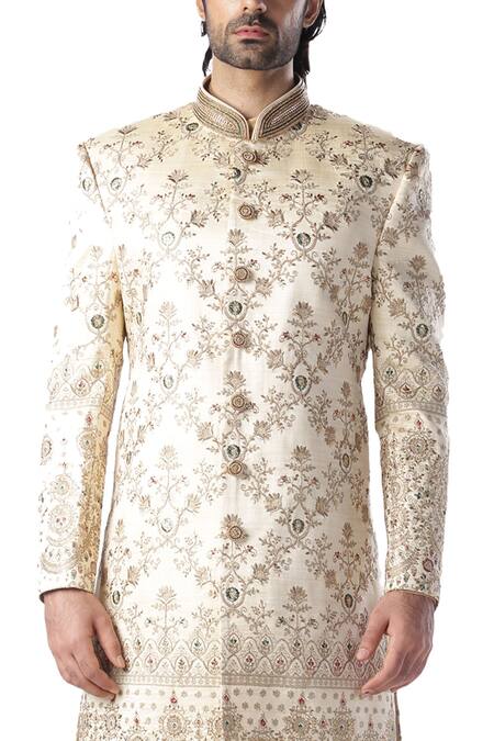 Kommal Sood_Beige Dupion , Cotton Embroidered Sherwani And Kurta Set_at_Aza_Fashions