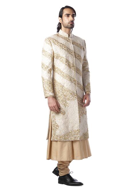 Kommal Sood_Beige Cotton Silk, Jacquard Dupion Embroidered Sherwani And Kurta Set_Online_at_Aza_Fashions