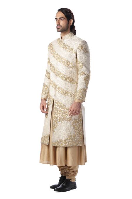 Buy_Kommal Sood_Beige Cotton Silk, Jacquard Dupion Embroidered Sherwani And Kurta Set_Online_at_Aza_Fashions
