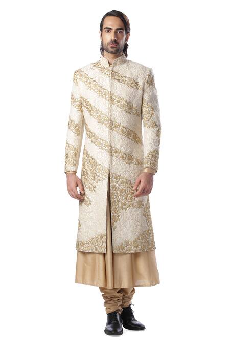 Shop_Kommal Sood_Beige Cotton Silk, Jacquard Dupion Embroidered Sherwani And Kurta Set_Online_at_Aza_Fashions