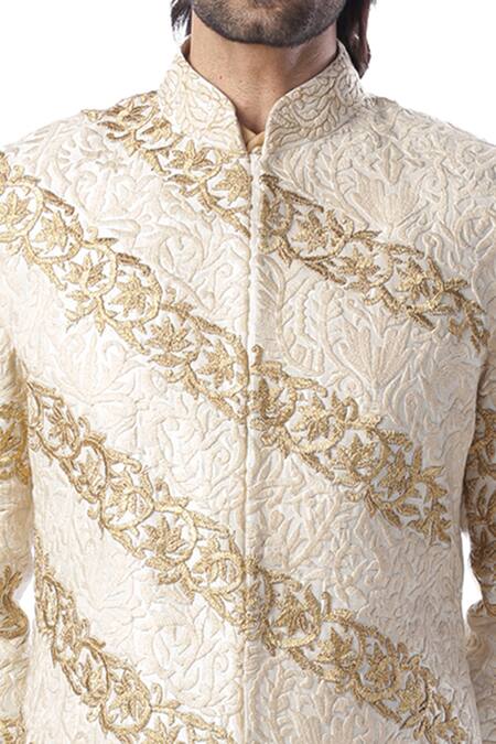 Kommal Sood_Beige Cotton Silk, Jacquard Dupion Embroidered Sherwani And Kurta Set_at_Aza_Fashions