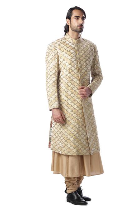 Kommal Sood_Beige Velvet, Cotton Silk Embroidered Sherwani And Kurta Set_Online_at_Aza_Fashions