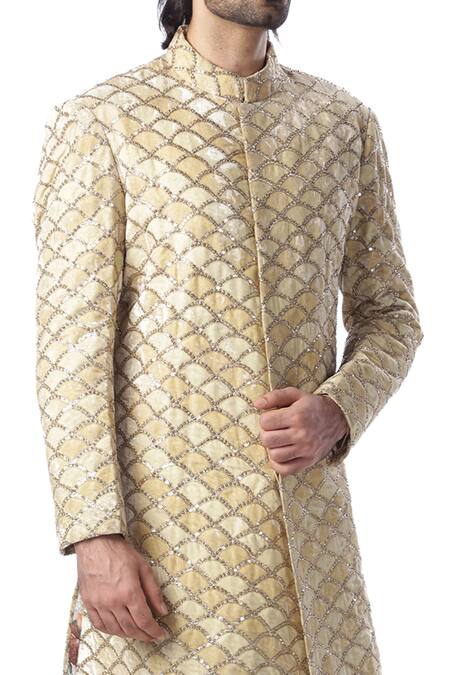 Shop_Kommal Sood_Beige Velvet, Cotton Silk Embroidered Sherwani And Kurta Set_Online_at_Aza_Fashions