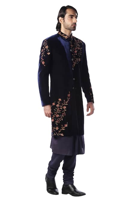 Kommal Sood_Blue Velvet, Cotton Silk Sherwani And Kurta Set_Online_at_Aza_Fashions