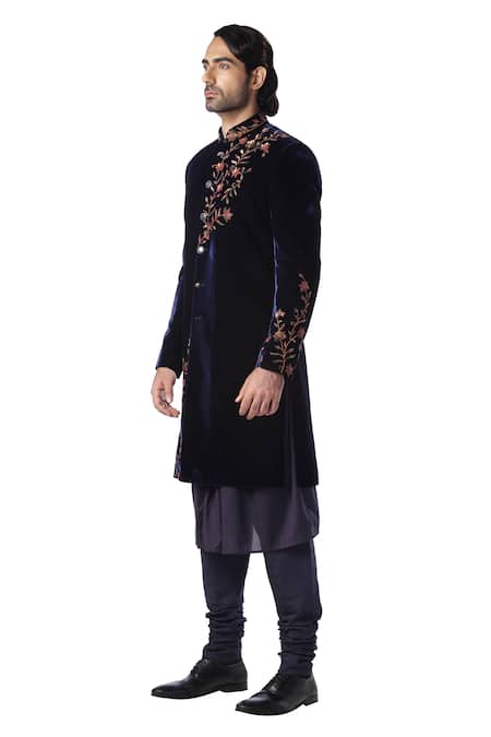 Buy_Kommal Sood_Blue Velvet, Cotton Silk Sherwani And Kurta Set_Online_at_Aza_Fashions