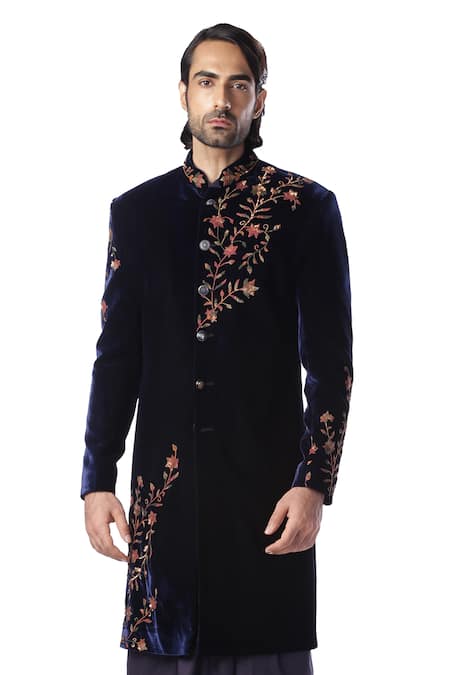 Shop_Kommal Sood_Blue Velvet, Cotton Silk Sherwani And Kurta Set_Online_at_Aza_Fashions