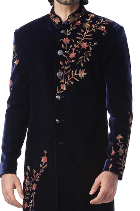 Kommal Sood_Blue Velvet, Cotton Silk Sherwani And Kurta Set_at_Aza_Fashions