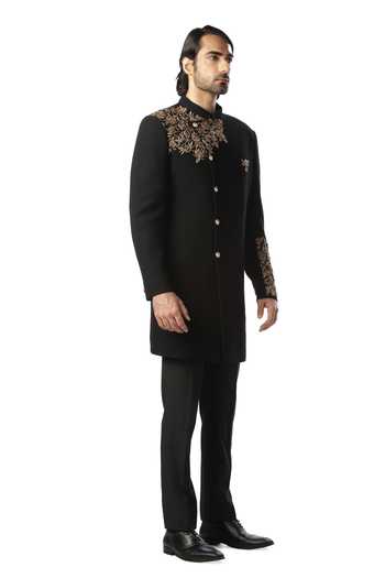 Kommal Sood_Black Cupro Embroidered Sherwani And Pant_Online_at_Aza_Fashions