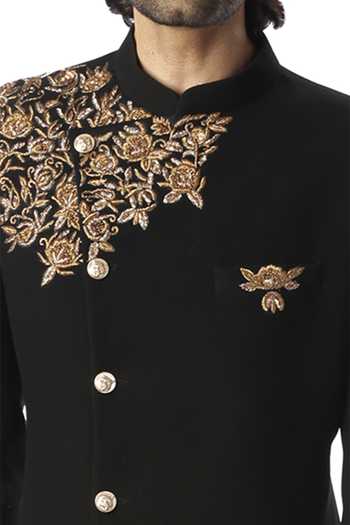 Shop_Kommal Sood_Black Cupro Embroidered Sherwani And Pant_Online_at_Aza_Fashions