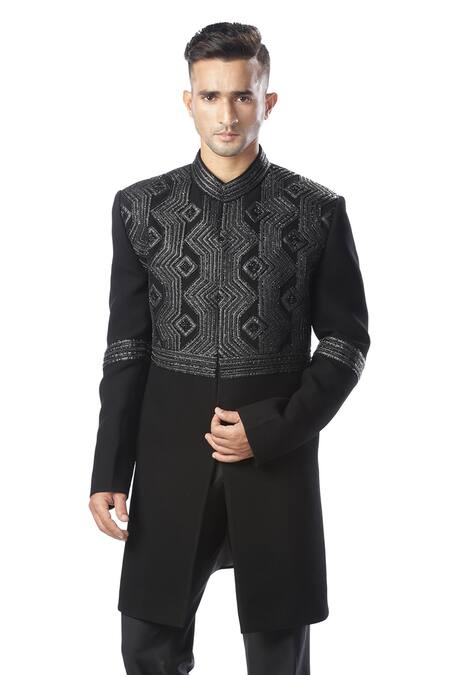 Shop_Kommal Sood_Black Cupro Embroidered Sherwani With Trousers_Online_at_Aza_Fashions