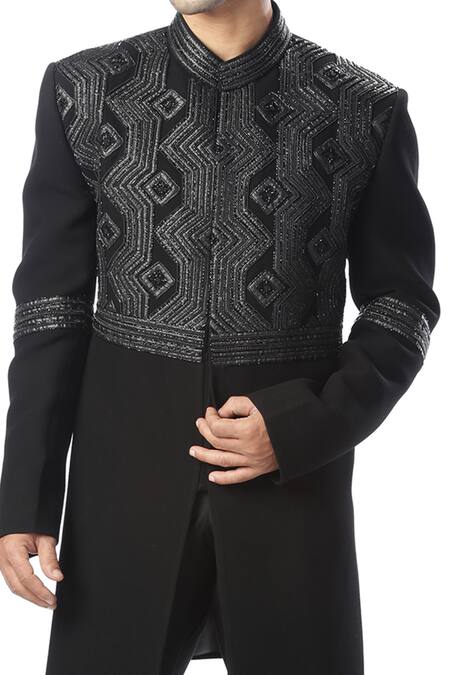 Kommal Sood_Black Cupro Embroidered Sherwani With Trousers_at_Aza_Fashions