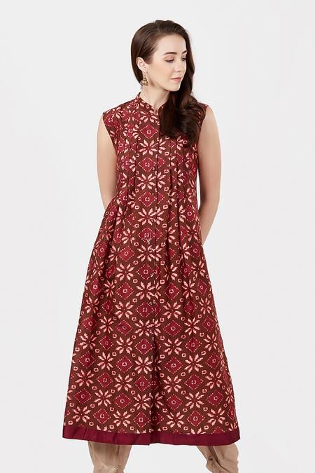 Ritu Kumar Maroon Mandarin Collar Printed Long Kurta 