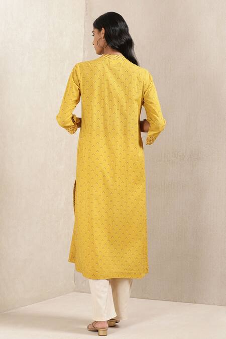 Shop Ritu Kumar Yellow Cotton Voile Printed Geometric Mandarin Collar Kurta at Aza Fashions Shop_Ritu Kumar_Yellow Cotton Voile Printed Geometric Mandarin Collar Kurta_at_Aza_Fashions