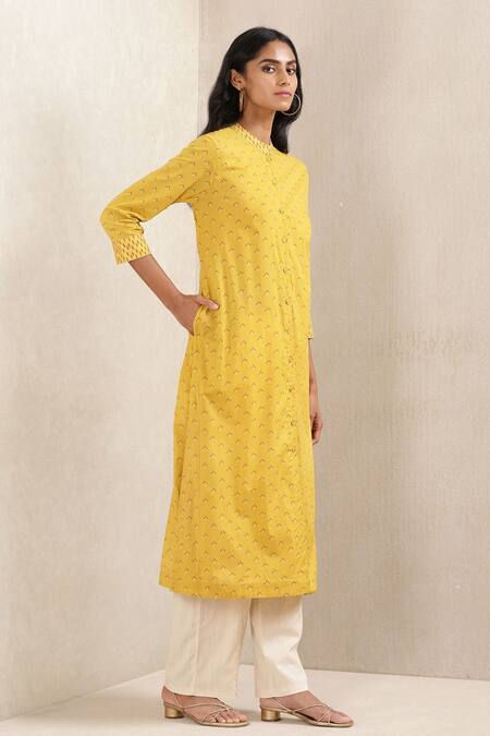 Ritu Kumar Yellow Cotton Voile Printed Geometric Mandarin Collar Kurta Online at Aza Fashions Ritu Kumar_Yellow Cotton Voile Printed Geometric Mandarin Collar Kurta_Online_at_Aza_Fashions