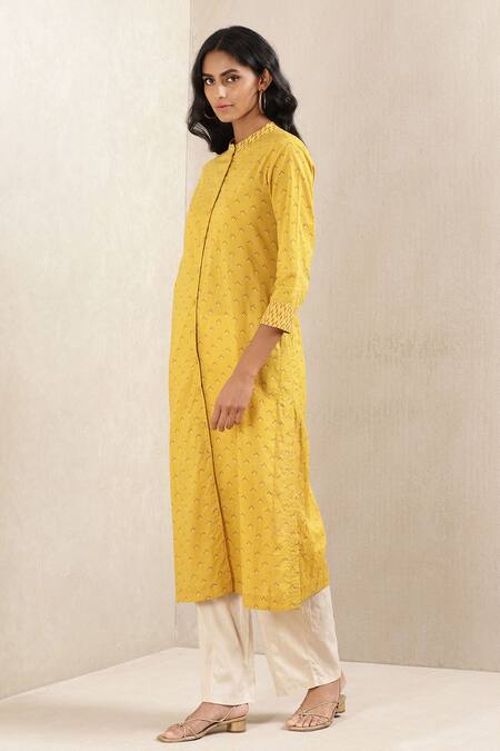 Buy Ritu Kumar Yellow Cotton Voile Printed Geometric Mandarin Collar Kurta Online at Aza Fashions Buy_Ritu Kumar_Yellow Cotton Voile Printed Geometric Mandarin Collar Kurta_Online_at_Aza_Fashions