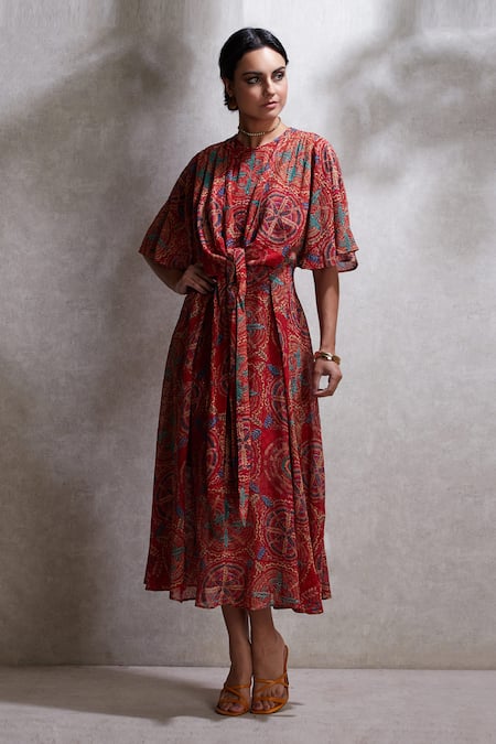 Ritu Kumar Red Viscose Round Printed Flared Kurta 