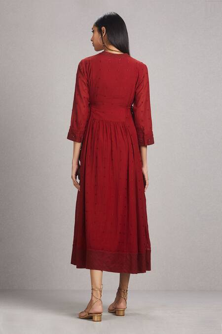 Shop_Ritu Kumar_Maroon 55% Viscose 45% Cotton Band Collar Embroidered Flared Kurta_at_Aza_Fashions