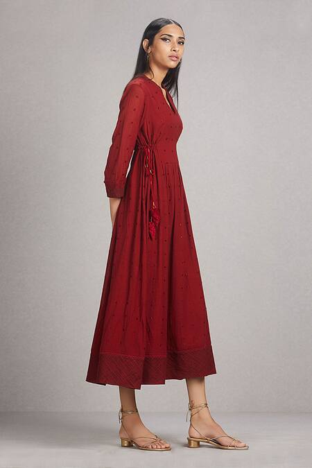 Ritu Kumar_Maroon 55% Viscose 45% Cotton Band Collar Embroidered Flared Kurta_Online_at_Aza_Fashions