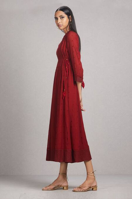 Buy_Ritu Kumar_Maroon 55% Viscose 45% Cotton Band Collar Embroidered Flared Kurta_Online_at_Aza_Fashions